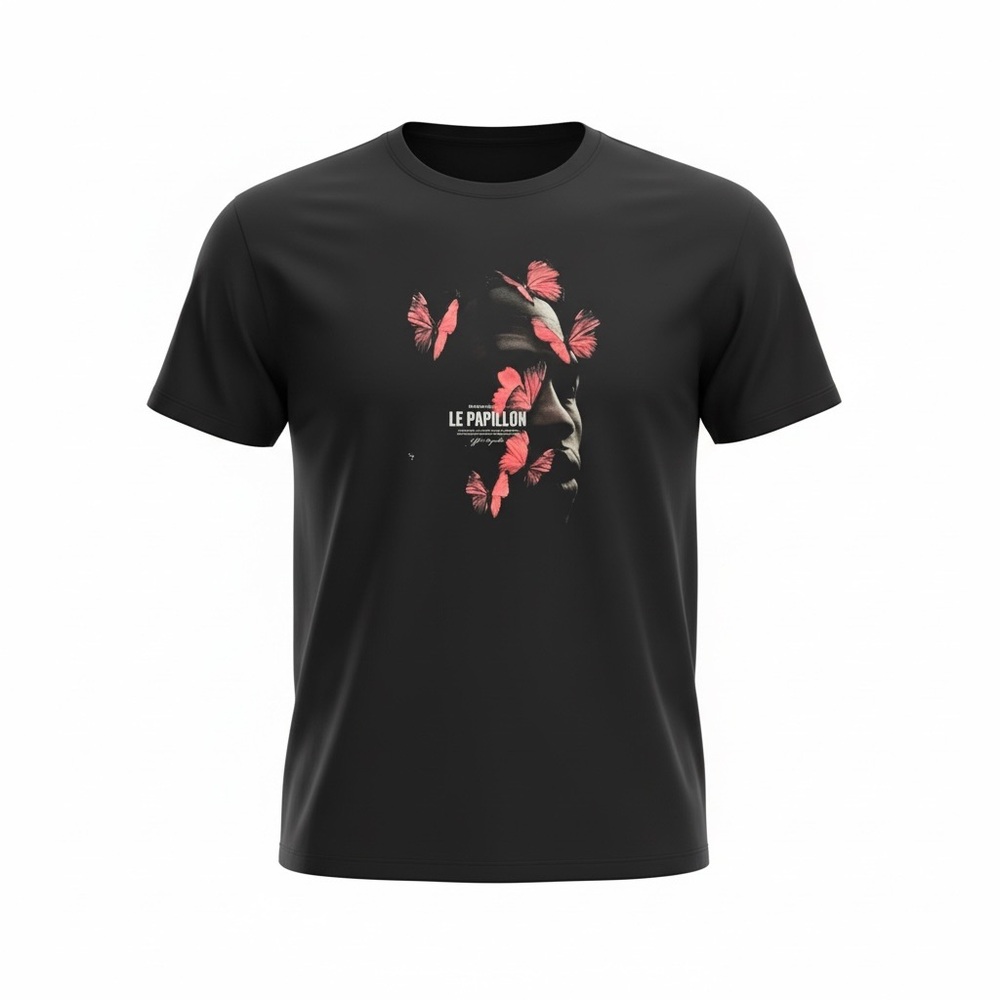 Papillon Blanc Heavyweight Black Tee with Pink Butterfly Motif